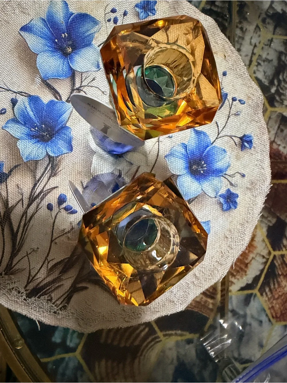 Blue Glass Candlestick Pair with Green and Amber Accents